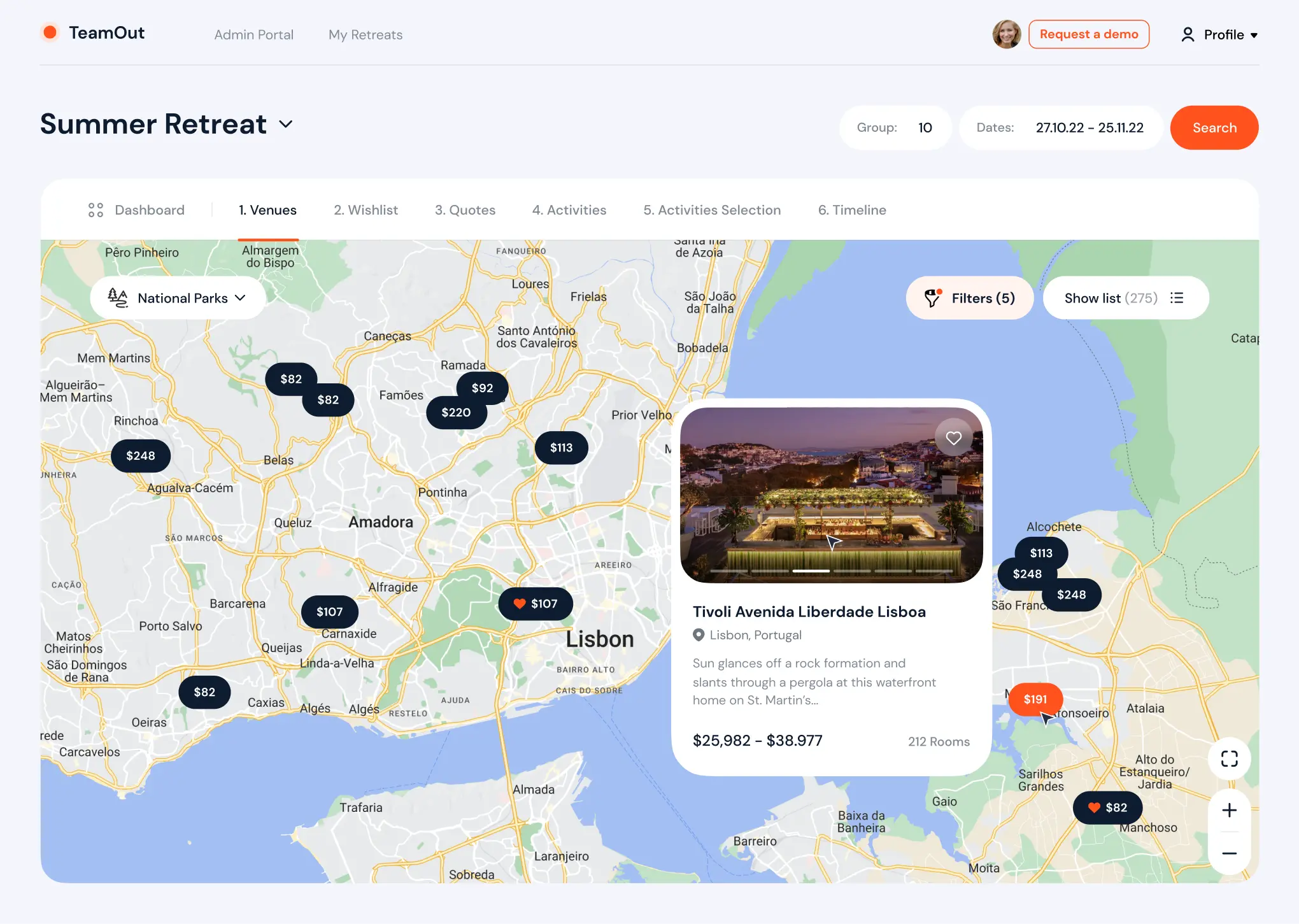 TeamOut curated venue map across global destinations
